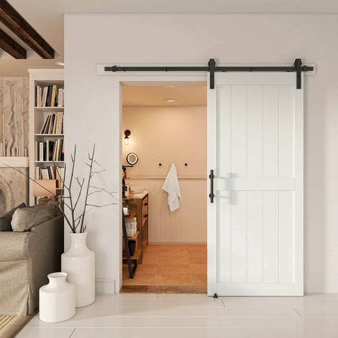 36''x84'' Sliding Barn Door with 6.6 Ft Barn Door Hardware Kit& Handle& Floor Guides,Pre-Drilled Holes Easy Assembly installed in living room
