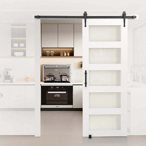 32 By 84 Inch Sliding Barn Door With Header Board And 6 Ft Hardware Track Kit And Handle, Waterproof PVC, installed in kitchen