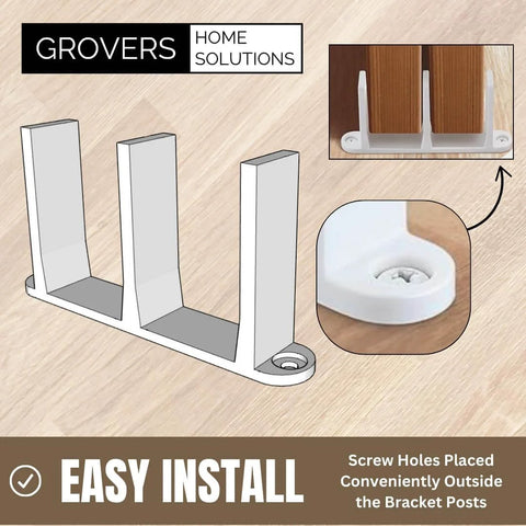 Illustration of Sliding Closet Door Floor Guide Bracket with screw holes for easy install from Grovers Home Solutions.