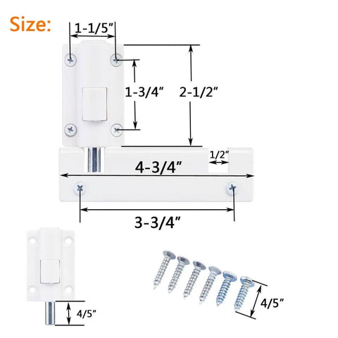 Dimensions of Patio Sliding Door Security Foot Lock Kick Lock, white, with included screws.