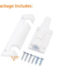 Package contents for Patio Sliding Door Security Foot Lock Kick Lock with screws, white, for top or bottom rail installation.
