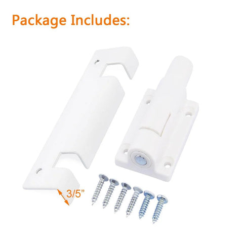 Package contents for Patio Sliding Door Security Foot Lock Kick Lock with screws, white, for top or bottom rail installation.