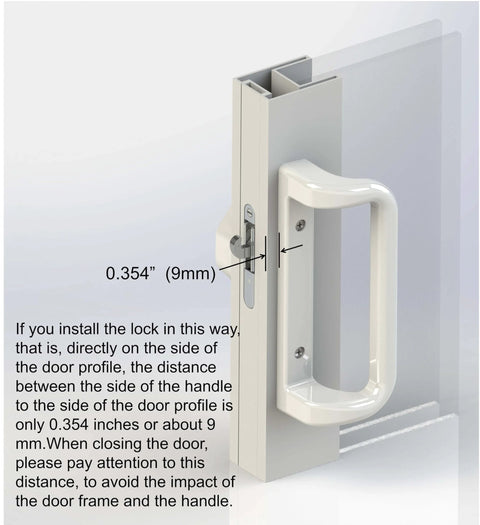 White Patio Door Handle Set with Cylinder Lock,Suitable for Replacement Sliding Patio Doors Lock 3-15/16”Screw Hole Spacing.Choices That Add a Unique to Your Patio Glass Sliding Door. side view with installation instructions