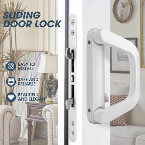 Patio Sliding Door Handle Set With Mortise Lock For 1-1-2 To 2 Inch Thick Doors, 4-15-16 Inch Screw Hole Spacing, White Finish