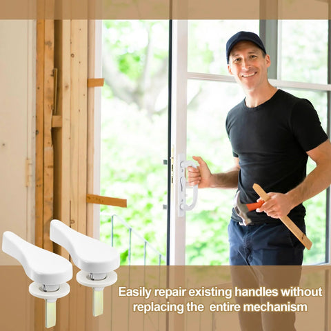 Two Sliding Door Latch Lever Spindle White Steel Pin Set For Patio Door Replacement Hardware, installed by a person on door