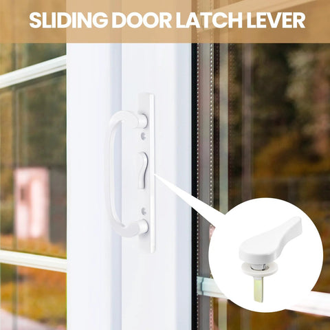 Two Sliding Door Latch Lever Spindle White Steel Pin Set For Patio Door Replacement Hardware installed on a door