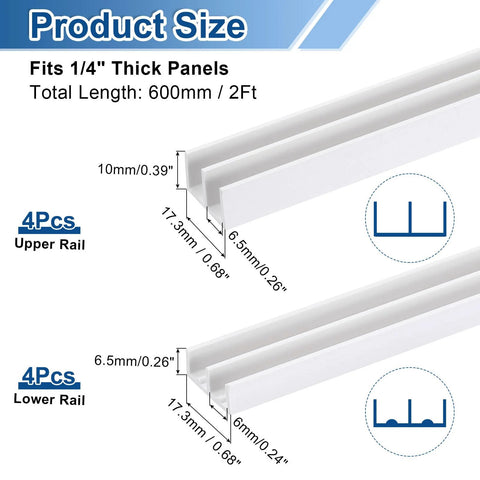 Four Pack White Plastic Sliding Door Track Kit For One Quarter Inch Thick Panels with 2ft upper and lower rails diagram