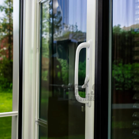 10 Inch Sliding Patio Glass Door Offset White Pull Handle Set Replacement Non Keyed Fits 3 15/16 Inches Hole Spacing and 1 1/4 To 2 1/4 Inches Door Thickness Four Hole Pattern Escutcheon Plate Height 10 Inches installed on patio door