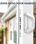 Patio Sliding Door Handle Set With Mortise Lock For 1-1/2 To 2 Inch Thick Doors, white aluminum alloy handle installed on patio door.