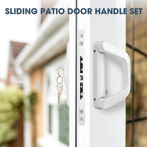 Patio Sliding Door Handle Set With Mortise Lock For 1-1/2 To 2 Inch Thick Doors, white aluminum alloy handle installed on patio door.