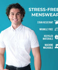 Man wearing Slim Fit Short Sleeve Performance Dress Shirt For Men White 4 Way Stretch Comfort Cloud Like Mobility, ideal for office and travel.