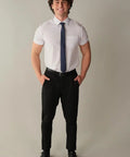 Slim Fit Short Sleeve Performance Dress Shirt For Men White 4 Way Stretch Comfort, ideal for office work, travel, and everyday wear.