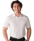 Man wearing Slim Fit Short Sleeve Performance Dress Shirt For Men White 4 Way Stretch Comfort Cloud Like Mobility Ideal For Office Wear
