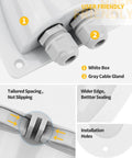 Close-up of white solar double cable entry gland box with gray PG11 connectors and installation features for RV roofs and boats.