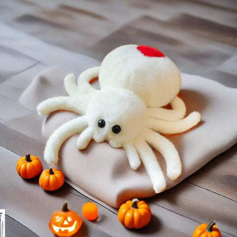 White Spider Plush Stuffed Animal Toy For Kids With Ultra Soft 9.8 Inch Jumping Spider Plushie on a blanket with small pumpkins