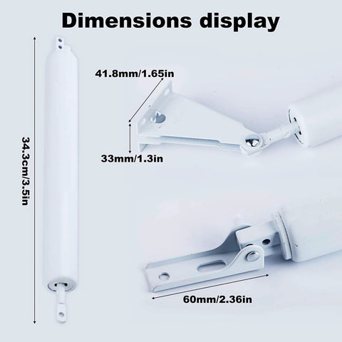 Dimensions of Storm Door Closer,1 Set Screen Door Closer,Pneumatic Door Bracket in white with hold open for storm use.