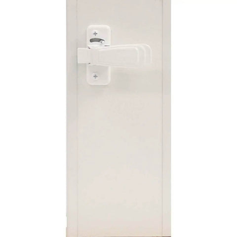 White Push Button Heavy Duty Storm Door Latch With Keyed Lock Set installed on a door, stylish security upgrade for exterior doors.