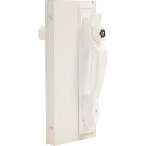 White Push Button Heavy Duty Storm Door Latch With Keyed Lock Set, Replacement Latch Handle For 1-3/4 Inch Center Mount Holes