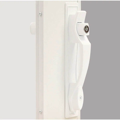 White Push Button Heavy Duty Storm Door Latch With Keyed Lock Set installed on door, showcasing handle and lock mechanism close-up