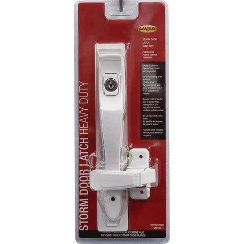 White Push Button Heavy Duty Storm Door Latch With Keyed Lock Set in packaging