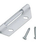 White replacement strike plate with screws, part of Brass Plated 4-3/4 Inch Pull Handle with universal slotted mounting holes.