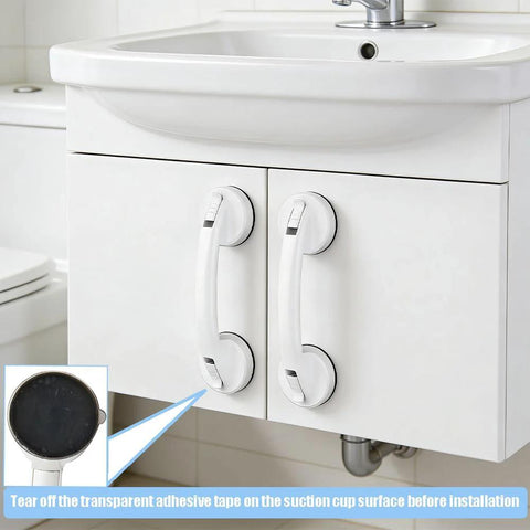 White Strong Suction Cup Handle No Drilling Installation on bathroom cabinet doors, tool-free, perfect for renters, repositionable