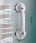 White suction cup handle on glass shower door, dimensions indicated, ideal for bathroom kitchen use with stable adsorption on tiles glass.