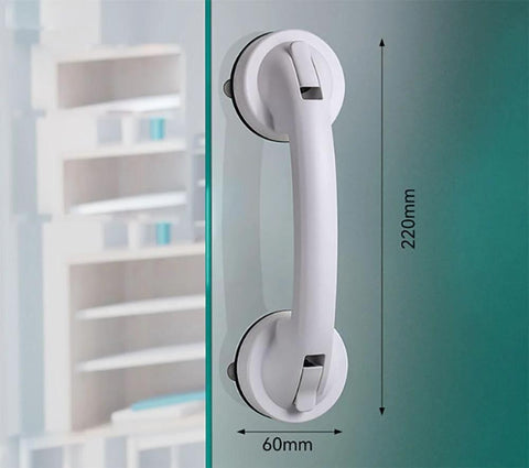 White suction cup handle on glass shower door, dimensions indicated, ideal for bathroom kitchen use with stable adsorption on tiles glass.