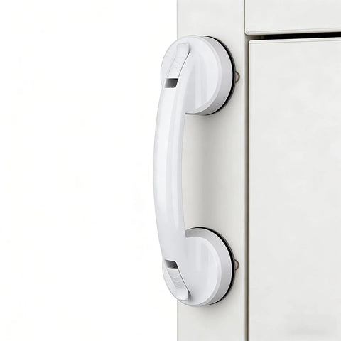 White Suction Cup Handle For Bathroom Kitchen Shower Doors Sliding Glass Cabinets And Drawers installed on smooth panel surface