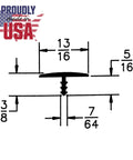 Technical diagram showing dimensions of White T Molding For Thirteen Sixteenths Inch Panels With Center Barb Game Room Ready Edge Trim.