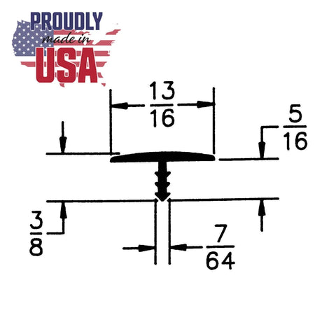 Technical diagram showing dimensions of White T Molding For Thirteen Sixteenths Inch Panels With Center Barb Game Room Ready Edge Trim.