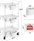 Three Tier Utility Rolling Cart With Lockable Caster Wheels And Three Hanging Baskets, white, dimensions shown on graphic