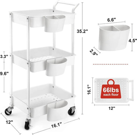 Three Tier Utility Rolling Cart With Lockable Caster Wheels And Three Hanging Baskets, white, dimensions shown on graphic