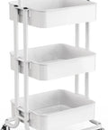 Three Tier Mesh Rolling Utility Cart With Handle And Lockable Wheels For Kitchen Office And Living Room White Finish Pipishell Metal Storage Cart With Versatile Shelves For Easy Organization