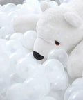 Ball Pit Balls Phthalate Free BPA Free Non-Toxic Crush Proof Play Balls for Toddlers Kids next to a white plush toy.