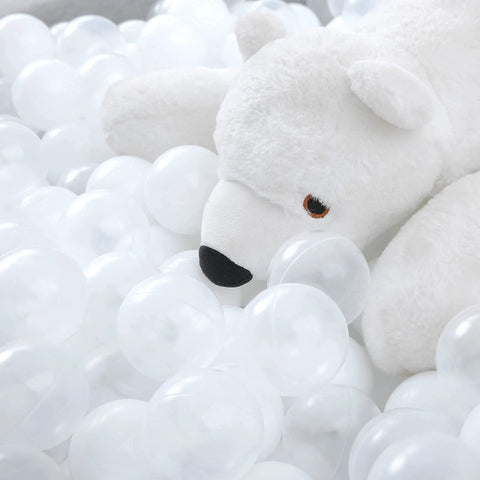 Ball Pit Balls Phthalate Free BPA Free Non-Toxic Crush Proof Play Balls for Toddlers Kids next to a white plush toy.