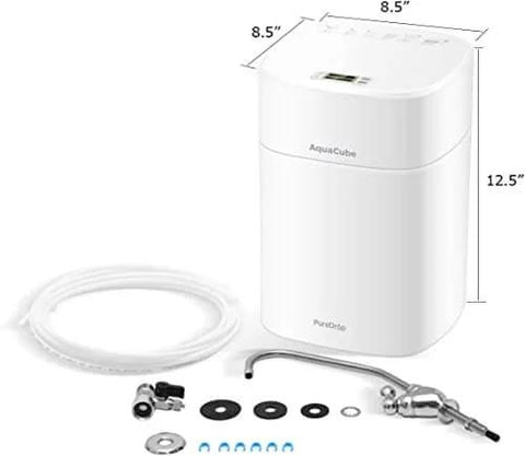 Tankless 0.01 Micron Ultra Filtration Under Sink Water Filter System Four Stage High Capacity for Sink and RV with components and dimensions