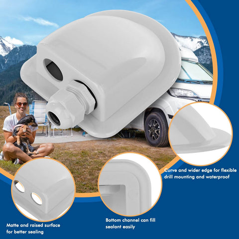 IP68 Waterproof Solar Cable Entry Gland with dual cable entry housing installed on RV, heavy duty ABS, UV/fire/weather resistant.