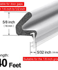 40FT Extra Long Kerf Weather Stripping Door Seal for Large Gaps and Easy Installation (White), dimensions indicated on chart