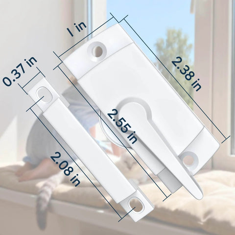 White Sliding Window Sash Locks 2 Pack Cam Action Sash Lock For Double Hung Windows showing dimensions and design.