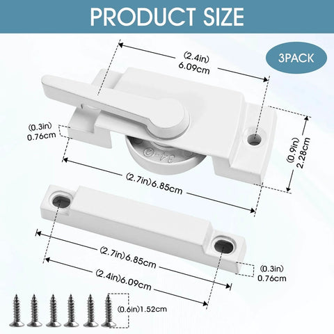 Three Pack Window Sash Lock Set For Sliding Windows Replaces Latches On Single Hung And Double Hung White Cam Lock For Vertical And Horizontal Sliding Windows Durable Alloy Construction With Corrosion Resistant Finish shown with product dimensions and screws