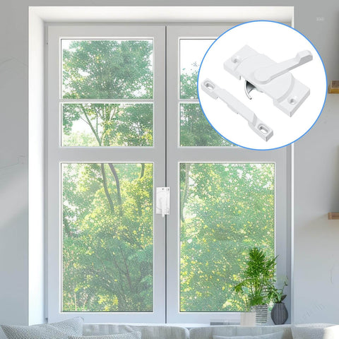 Zinc Alloy Window Sash Lock Replacement Kit for Up And Down Double Hung Windows, shown installed on modern white window, close-up inset of lock detail.