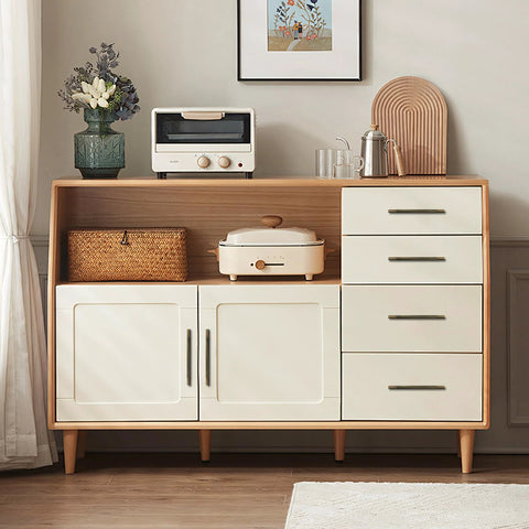 White modern cabinet with drawers and shelves, styled with kitchen decor, showing potential placement for Antique Solid Brass Cabinet Handles 5 Pack Knurled 6-1/4 Inch (160mm) Dresser Drawer Pulls For Vanity Bathroom Cupboard Wardrobe Doors Hardware Durable Wear Resistant Finish.