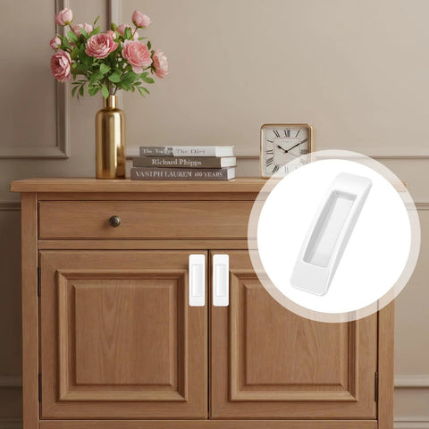 8 Pcs Plastic Cabinet Drawer Handles Self Adhesive 4 Color Set shown in white on wooden cabinet