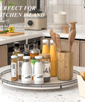 24 Inch Round Wooden Lazy Susan Turntable For Kitchen And Dining Room Organization holding condiments and utensils on countertop