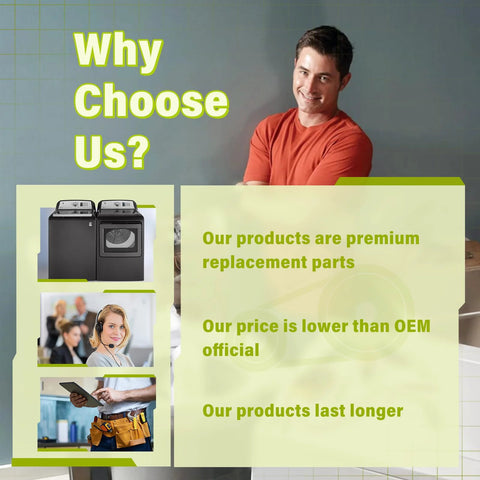 Why choose us advertisement with man smiling, premium replacement parts, lower prices, and long-lasting washer products.