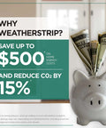 Infographic on energy savings with piggy bank, featuring text about saving up to $500 and reducing CO2 by 15%. Piggy bank with dollar bills.