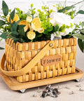 Wicker basket with flowers on 0.5 Inch Mini Caster Wheels Set With Metal Plate Self Adhesive Low Profile Casters, screws visible.