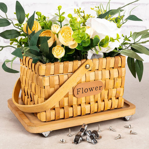 Wicker basket with flowers on 0.5 Inch Mini Caster Wheels Set With Metal Plate Self Adhesive Low Profile Casters, screws visible.