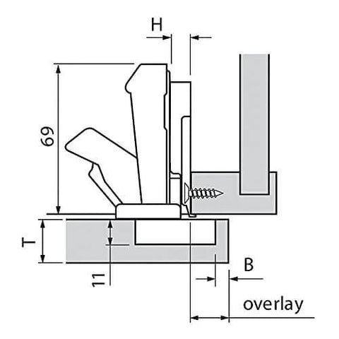 Technical diagram of ✝️ 1-Pack Wide Angled Hinge 170 Degree, FACE Frame Application, Full Overlay with 0mm Face Frame Plate (2 - Set) 170°